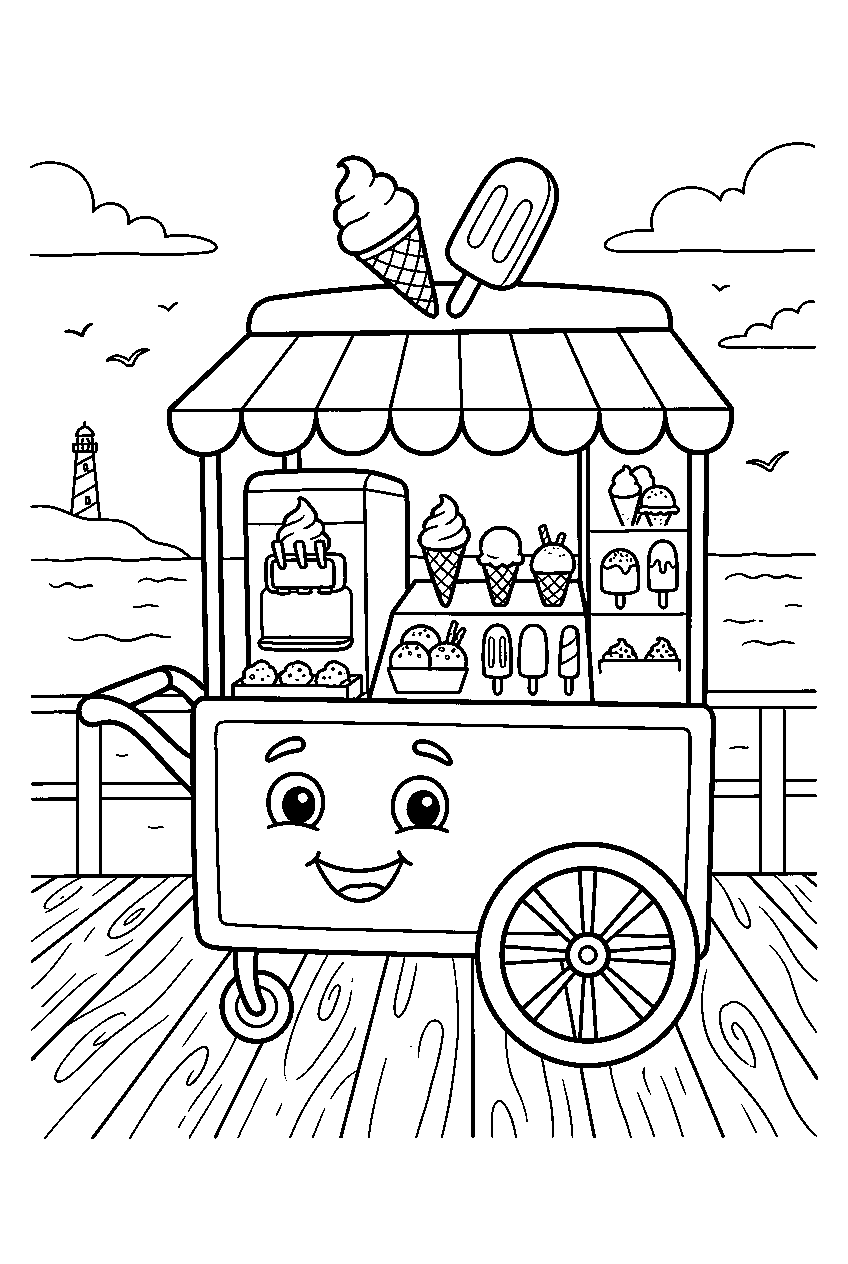 ice cream cart smiling on seaside boardwalk line art