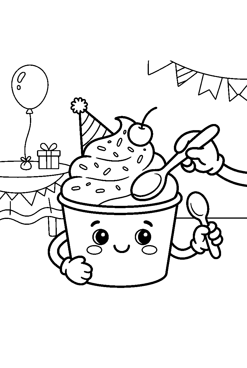 ice cream cup receiving spoon at birthday party line art