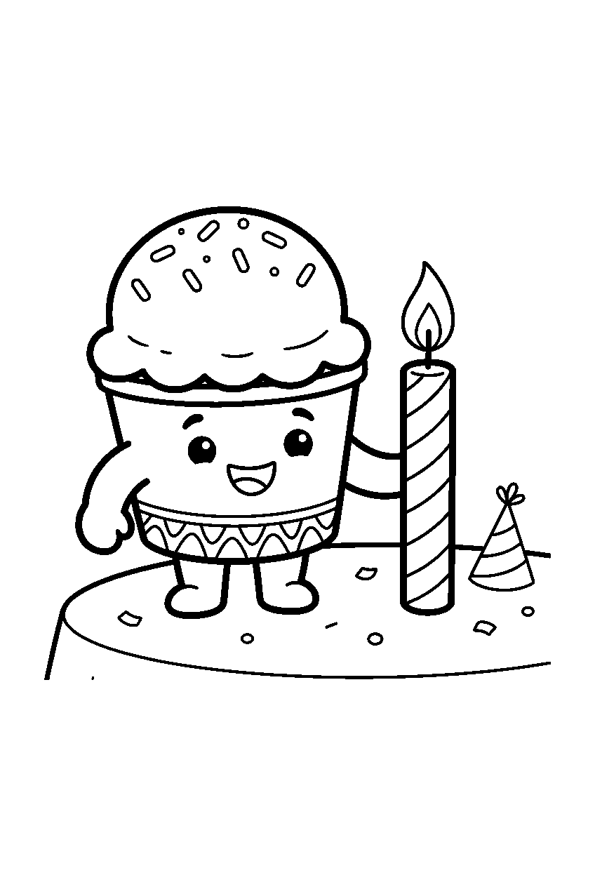 ice cream cup smiling beside birthday candle at party table line art