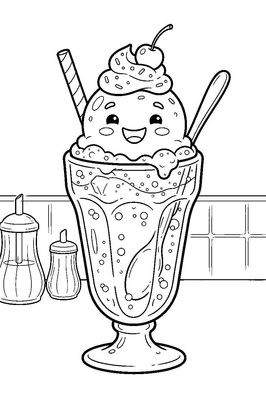 ice cream float smiling in large glass at soda fountain line art