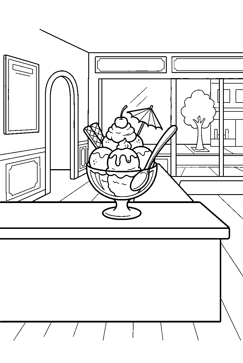 ice cream parlor displaying one sundae at counter line art