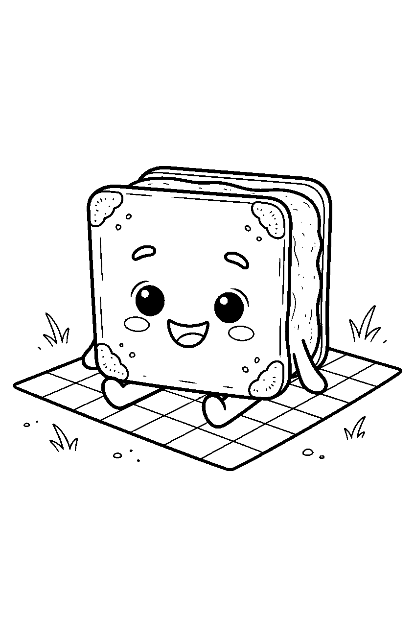 ice cream sandwich smiling on picnic blanket line art