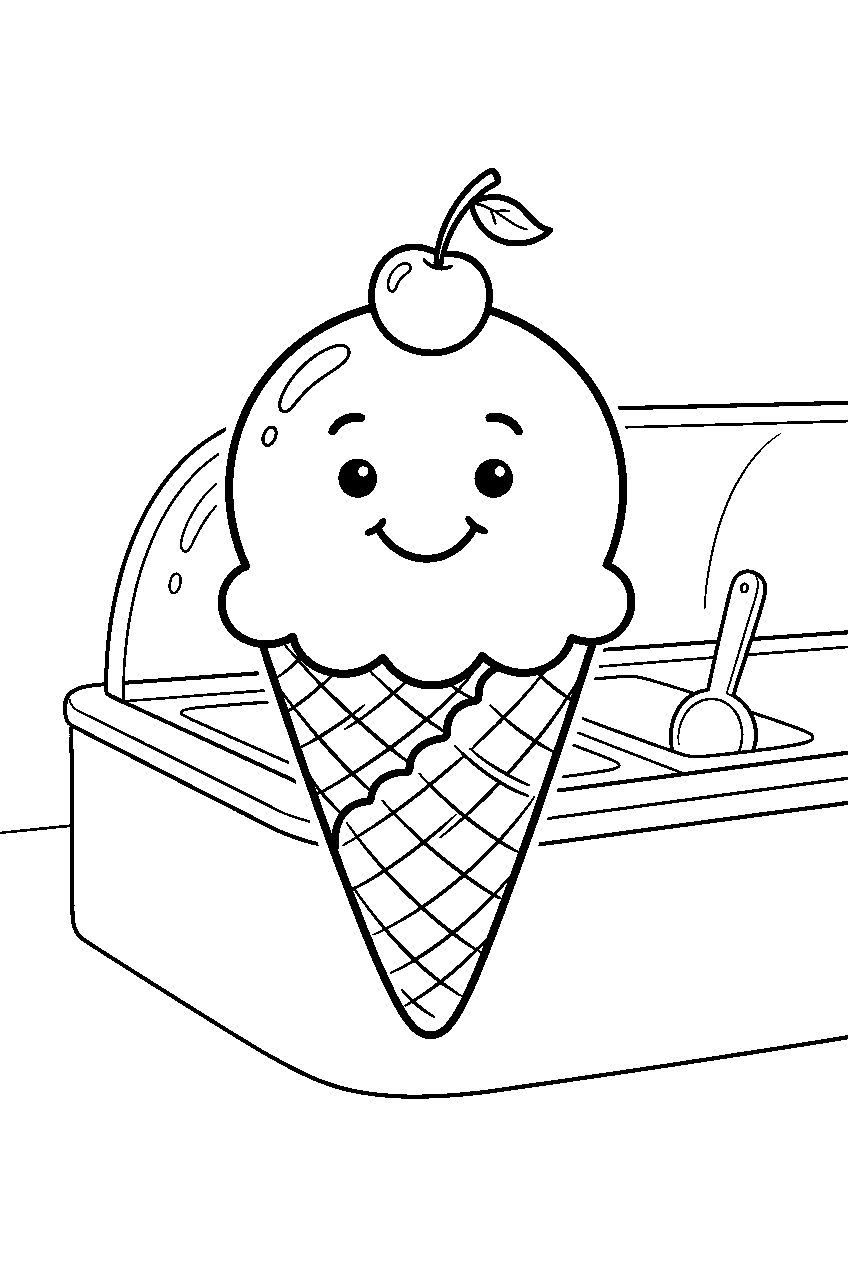 ice cream scoop smiling inside waffle cone at parlor counter line art