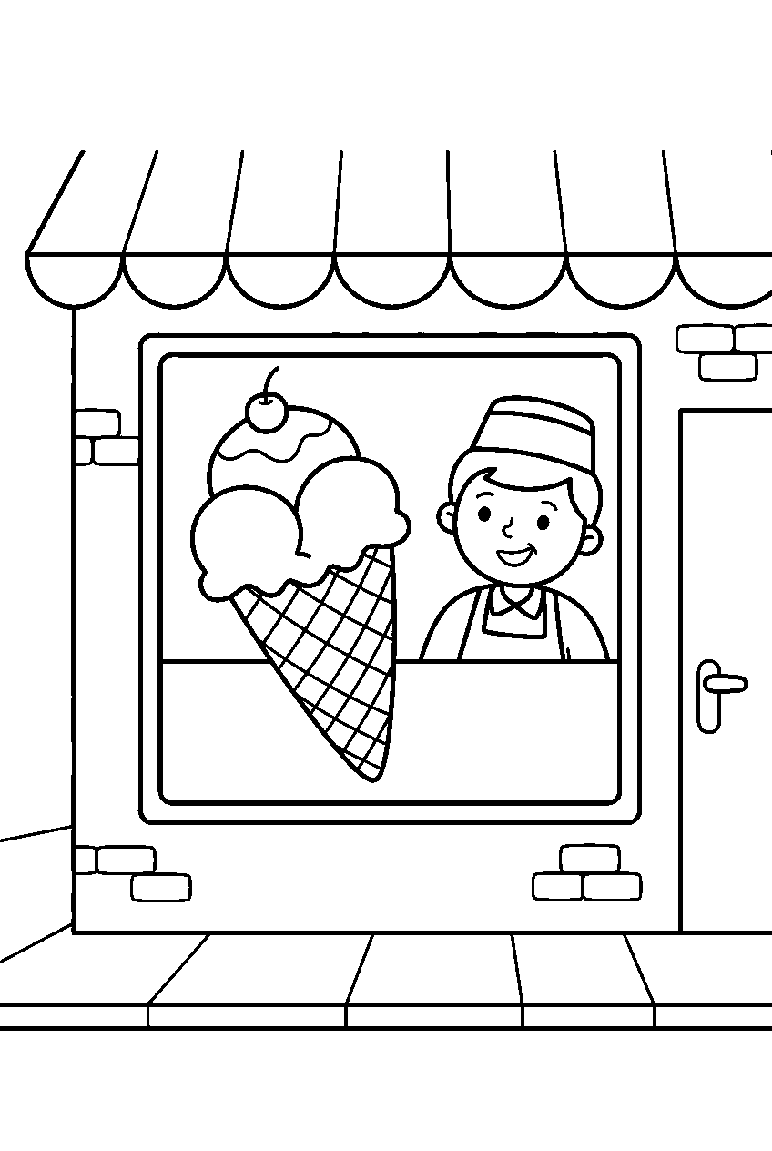 ice cream shop displaying one large cone in front window line art