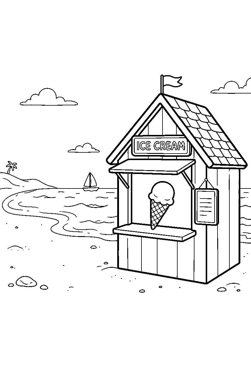 ice cream stand displaying one cone beside beach line art
