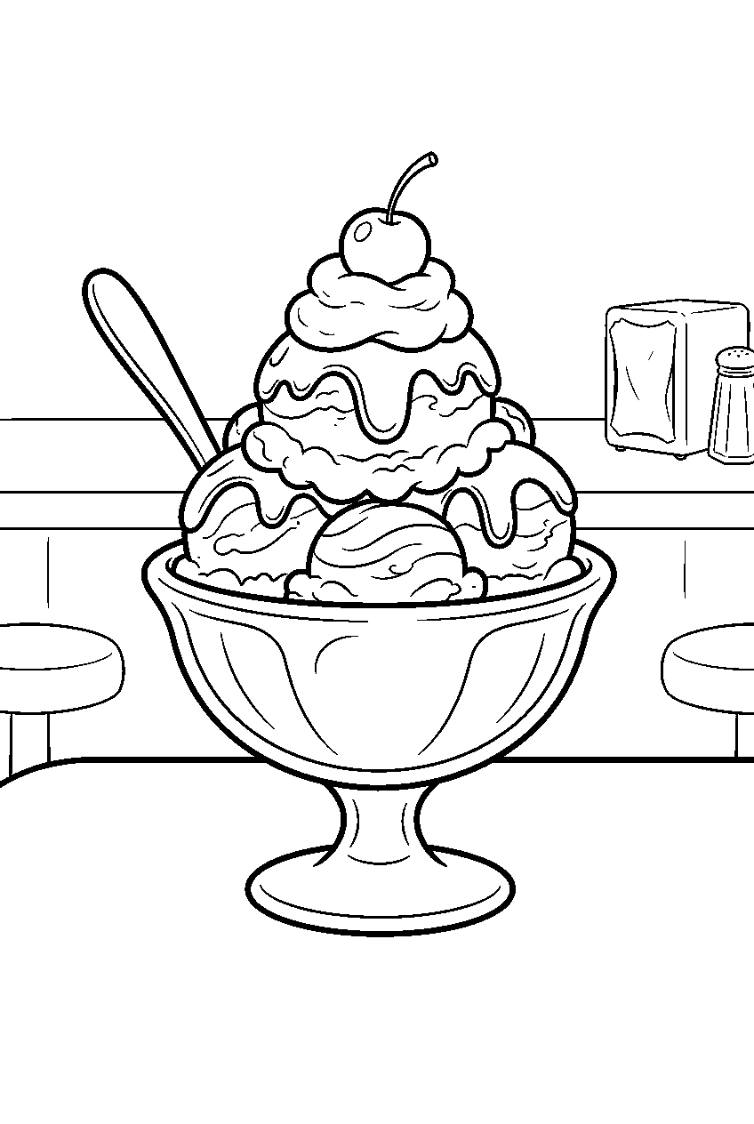 ice cream sundae topped with cherry at diner counter line art