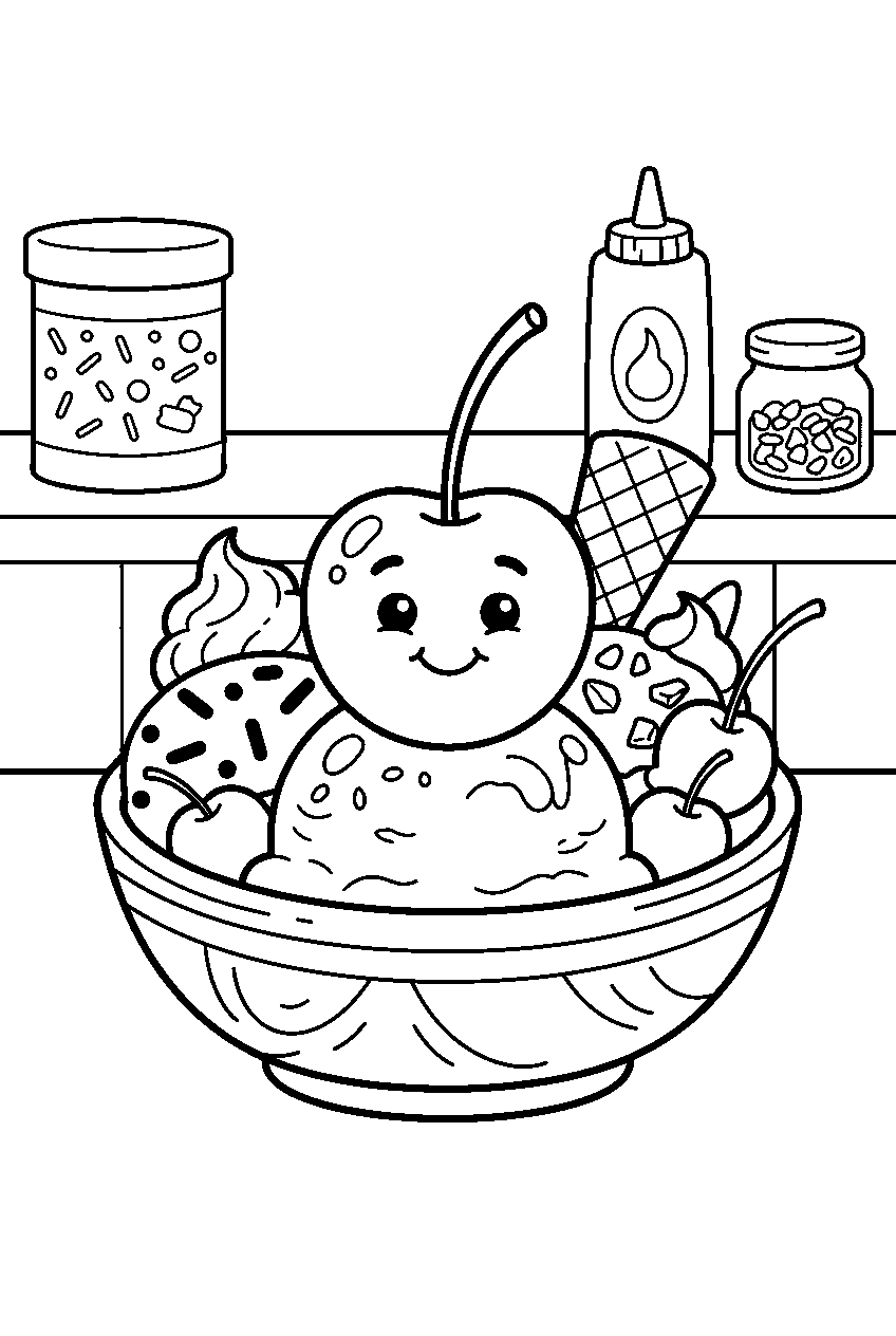ice cream toppings with one smiling cherry in simple bowl at decorating station line art