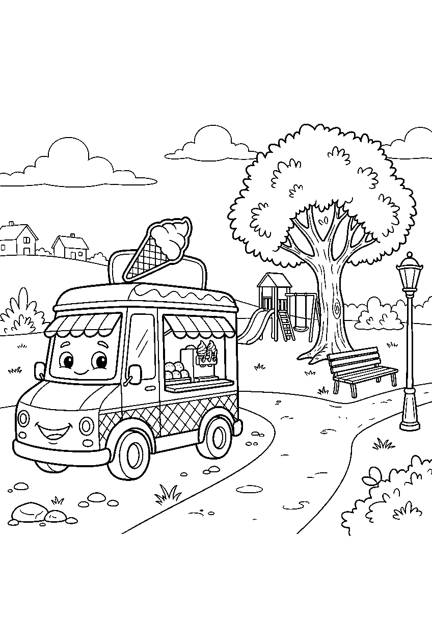 ice cream truck smiling beside neighborhood park line art