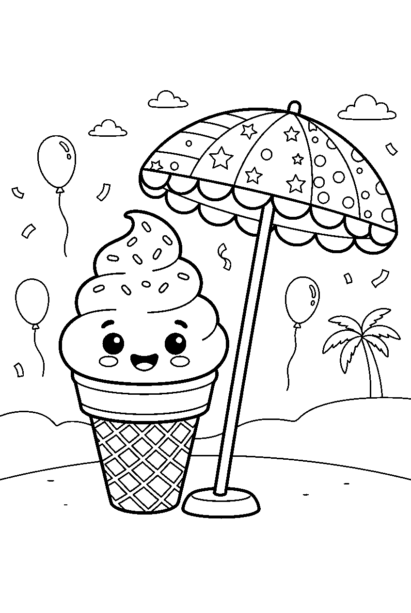 kawaii chocolate ice cream cone smiling beside beach umbrella at party line art