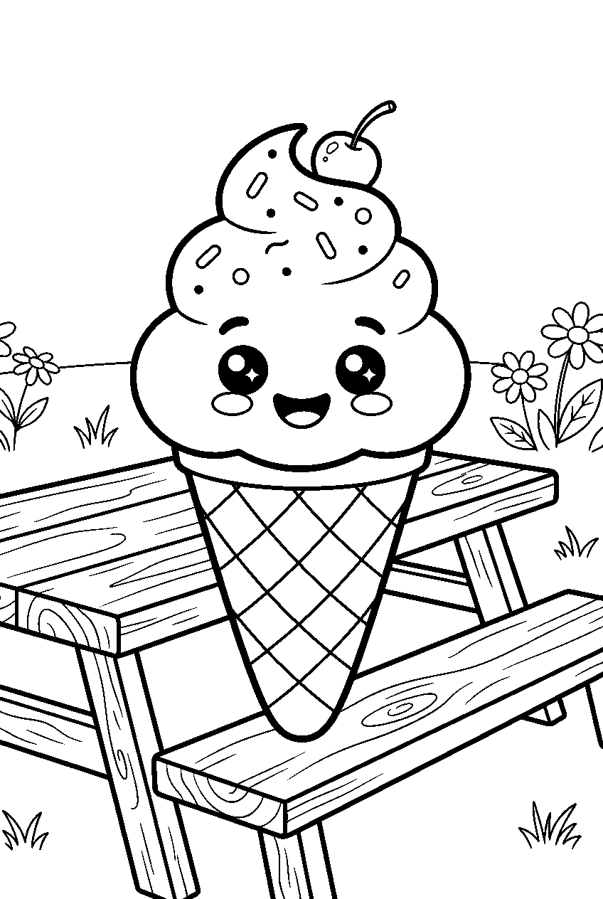 kawaii ice cream cone smiling on picnic table line art