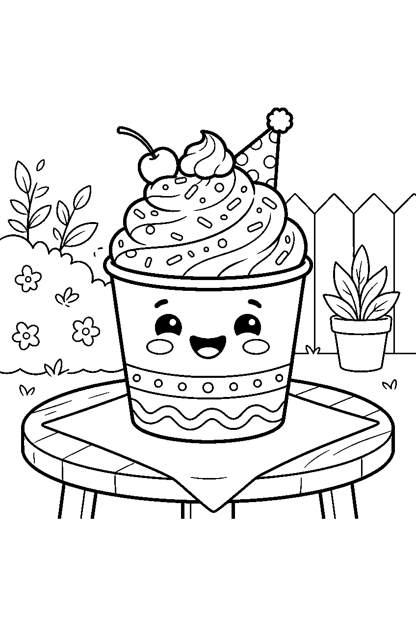 kawaii ice cream party cup smiling on backyard table line art