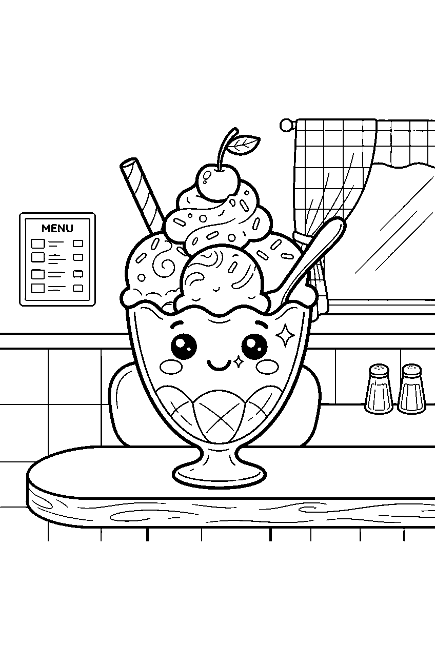 kawaii ice cream sundae smiling at diner counter line art