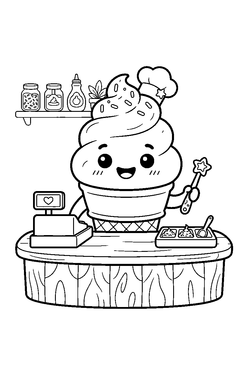 kawaii soft serve ice cream smiling at shop counter line art