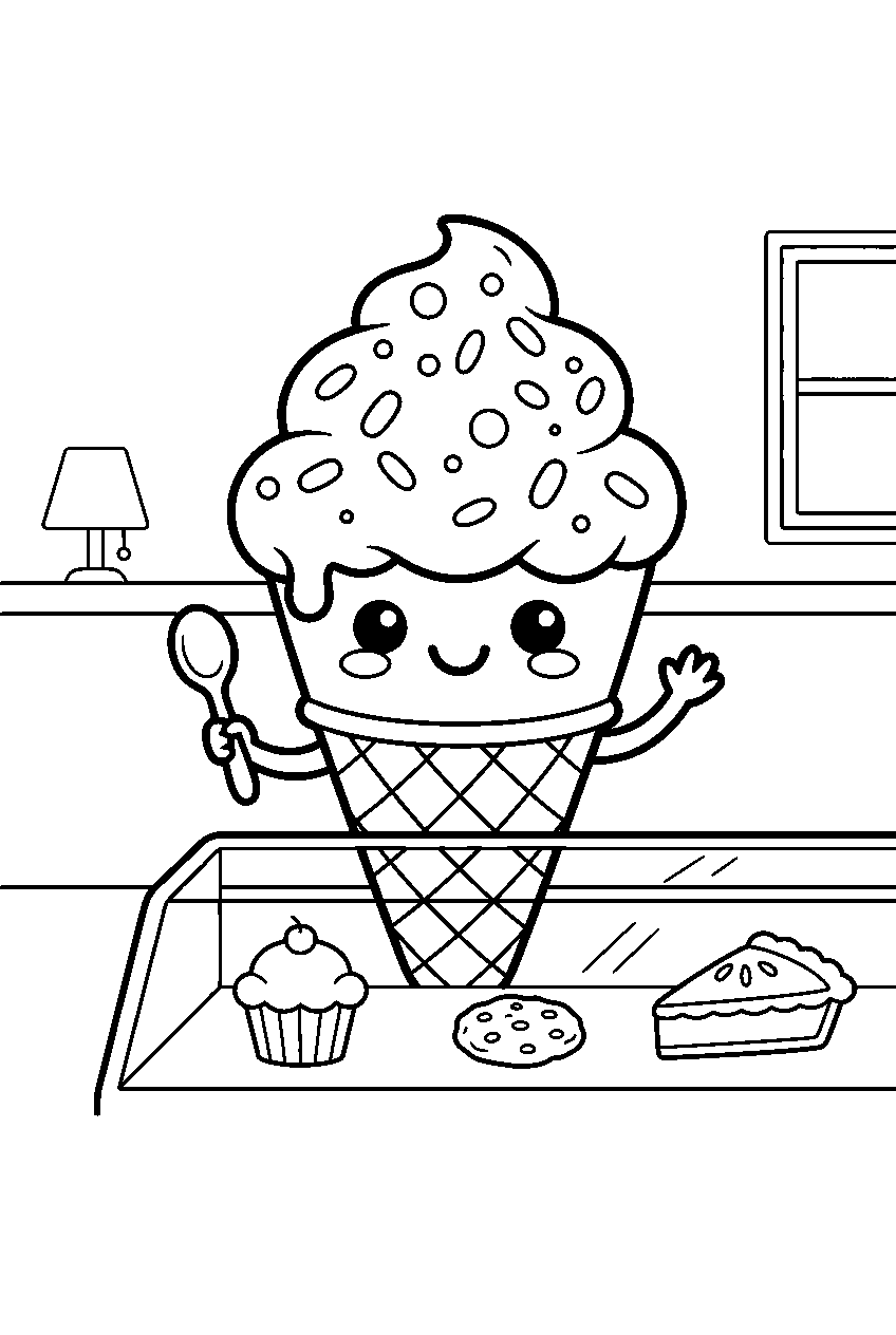 kawaii sprinkled ice cream cone smiling at dessert counter line art