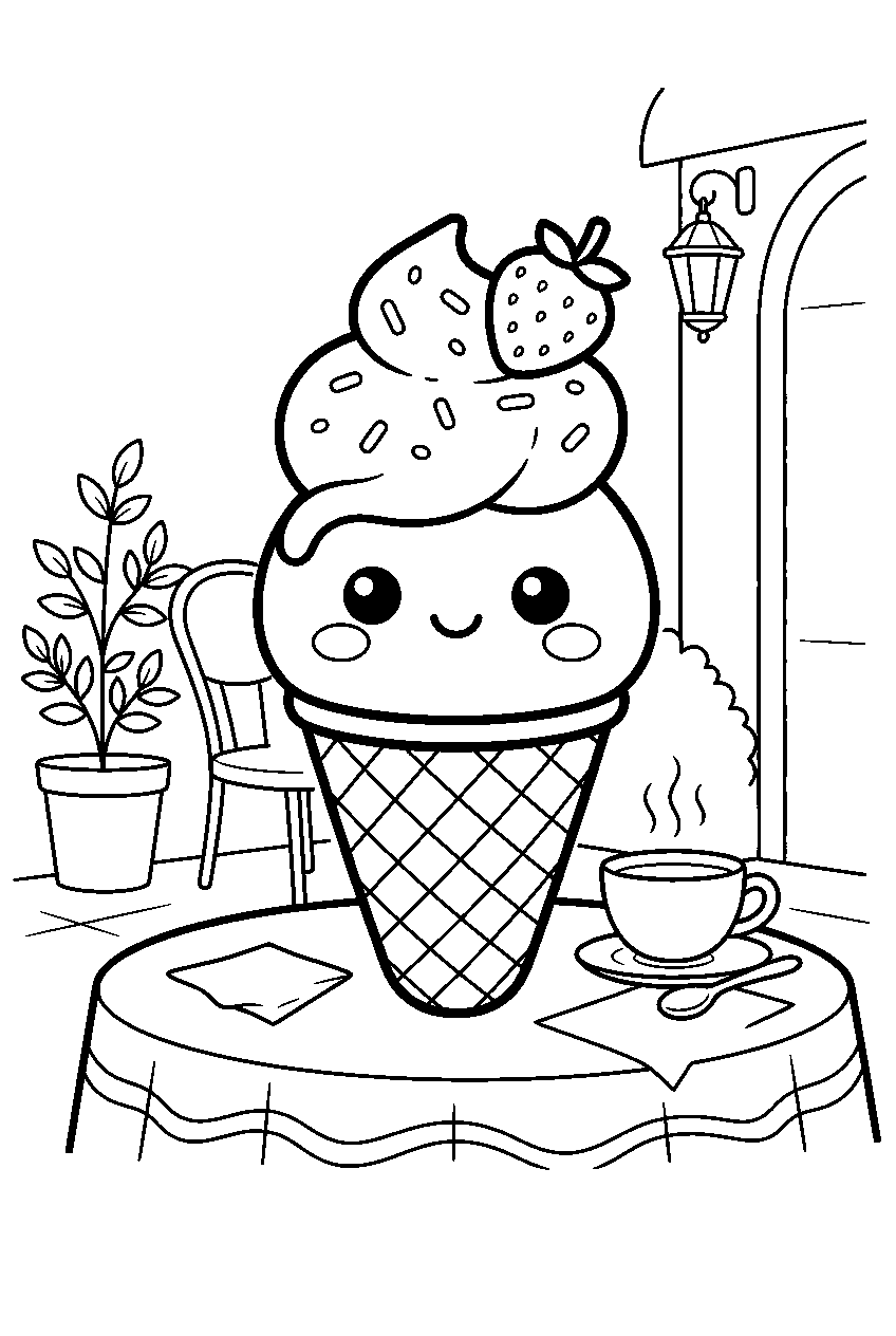 kawaii strawberry ice cream cone smiling at outdoor cafe line art