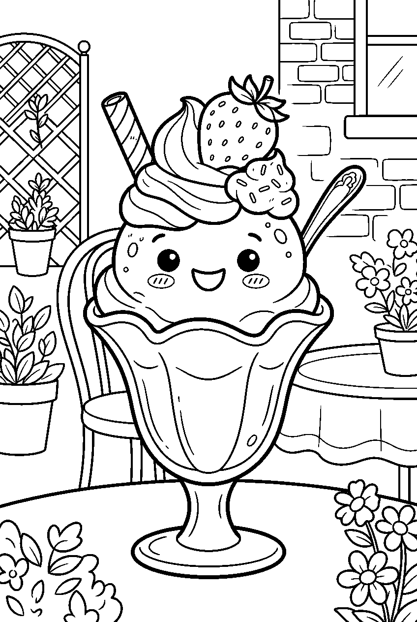 kawaii strawberry ice cream sundae smiling at garden cafe line art