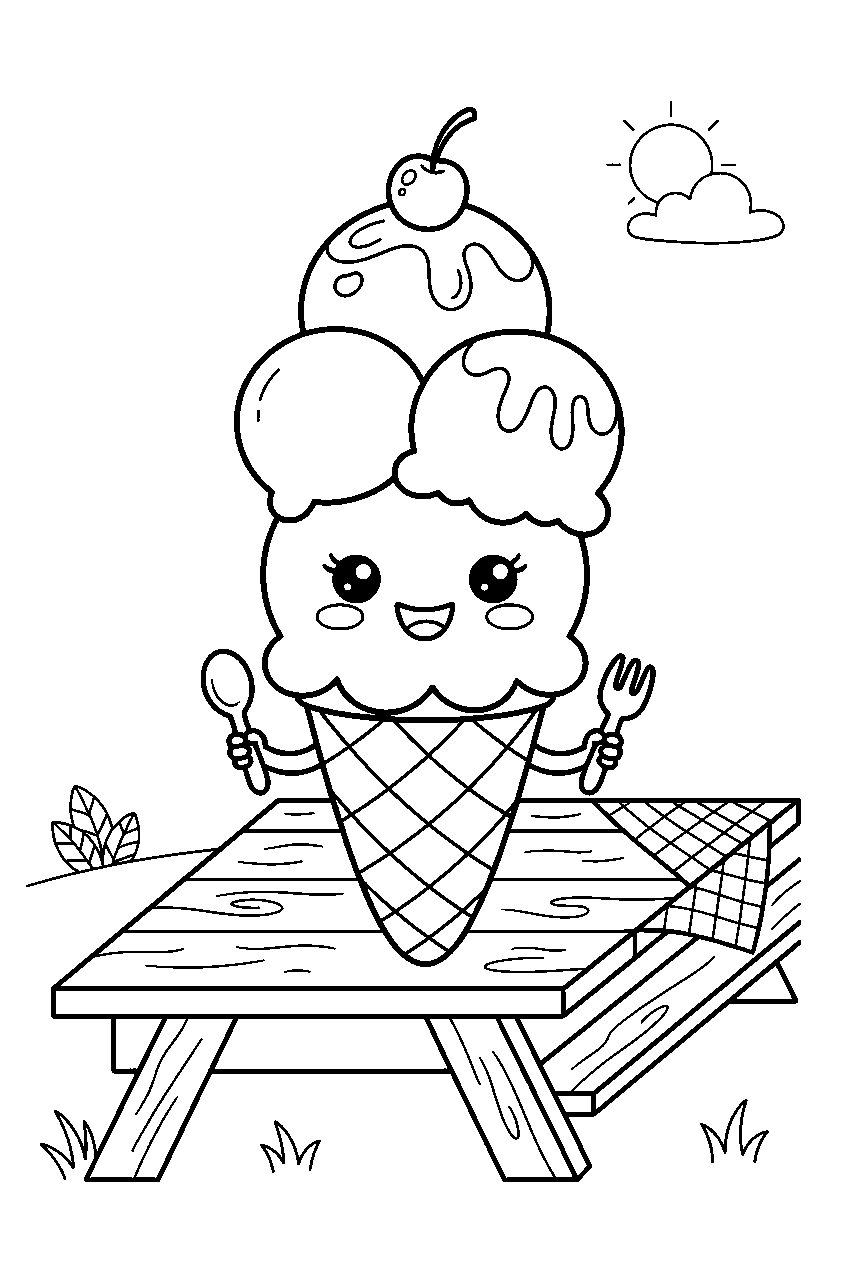 kawaii three scoop ice cream cone smiling on picnic table line art