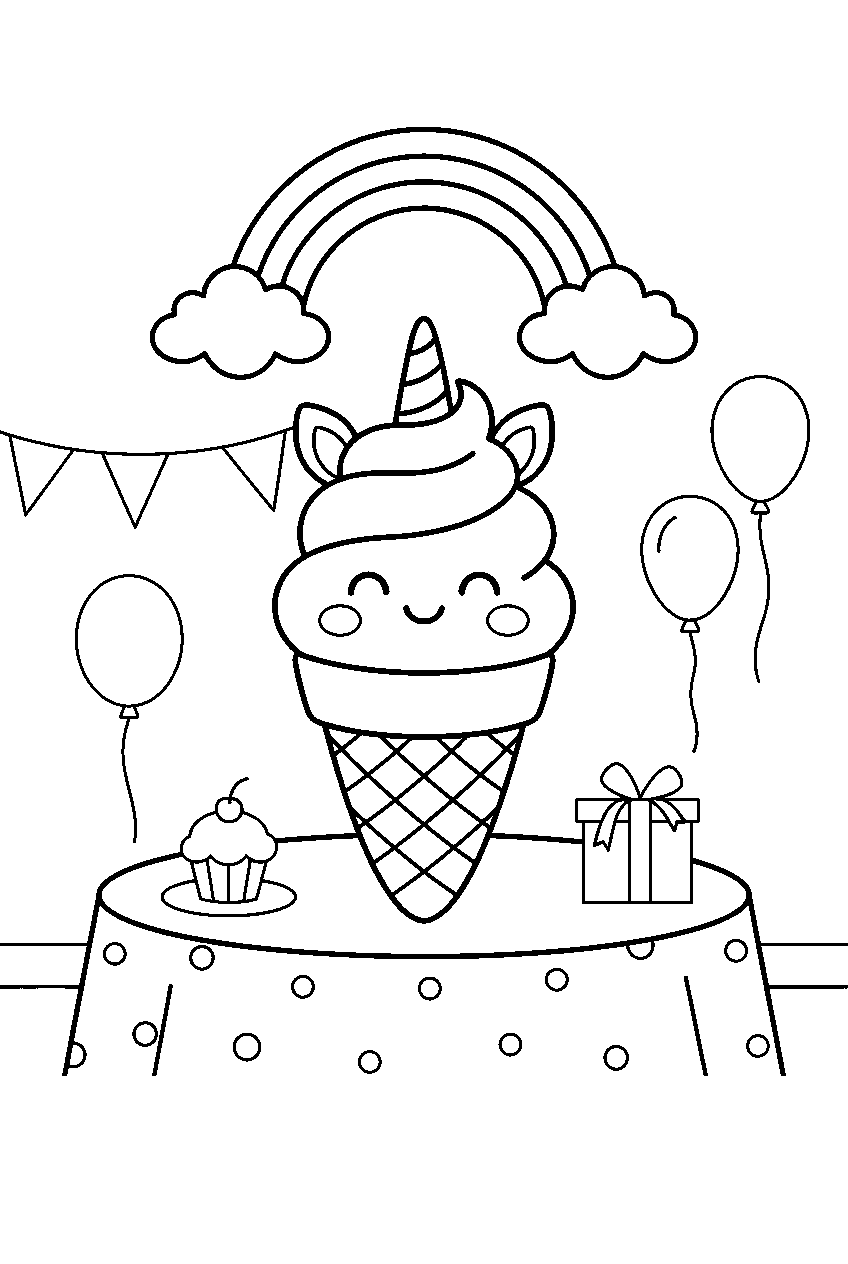 kawaii unicorn ice cream cone smiling beneath simple rainbow at party table line art