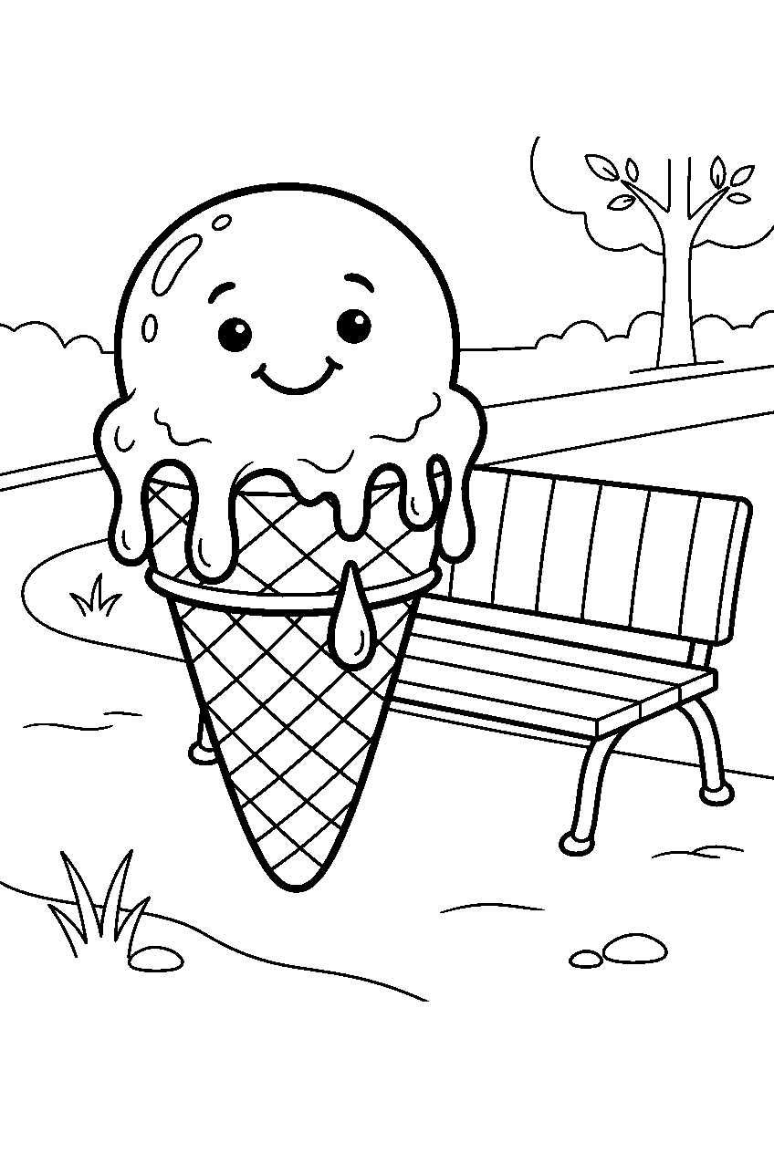melting ice cream cone smiling with one drip beside park bench line art