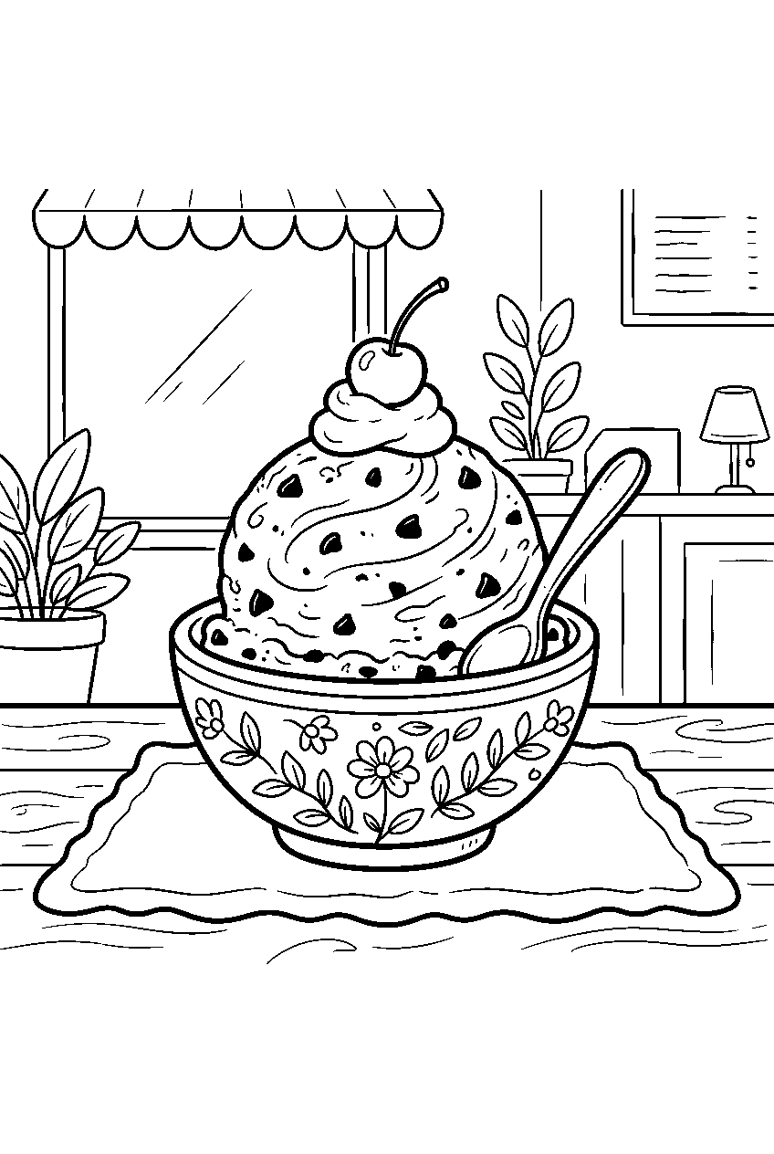 mint chocolate chip ice cream resting in bowl at dessert shop line art