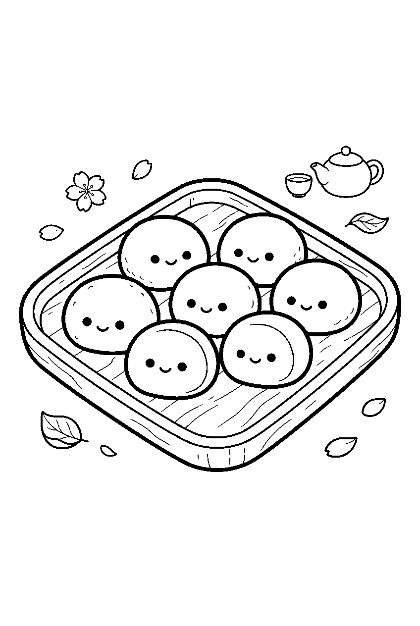 mochi ice cream pieces arranged on japanese dessert tray line art
