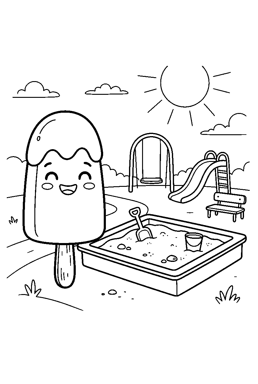 popsicle smiling beside sandbox at sunny playground line art