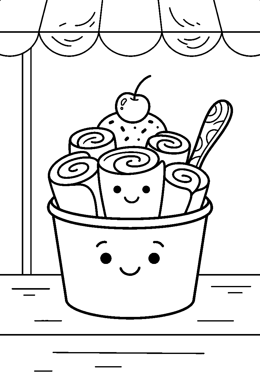rolled ice cream smiling inside simple cup at street stall line art