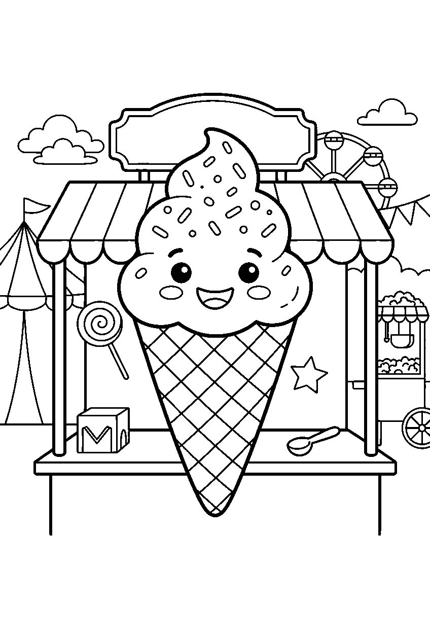 sprinkled ice cream cone smiling at carnival stand line art