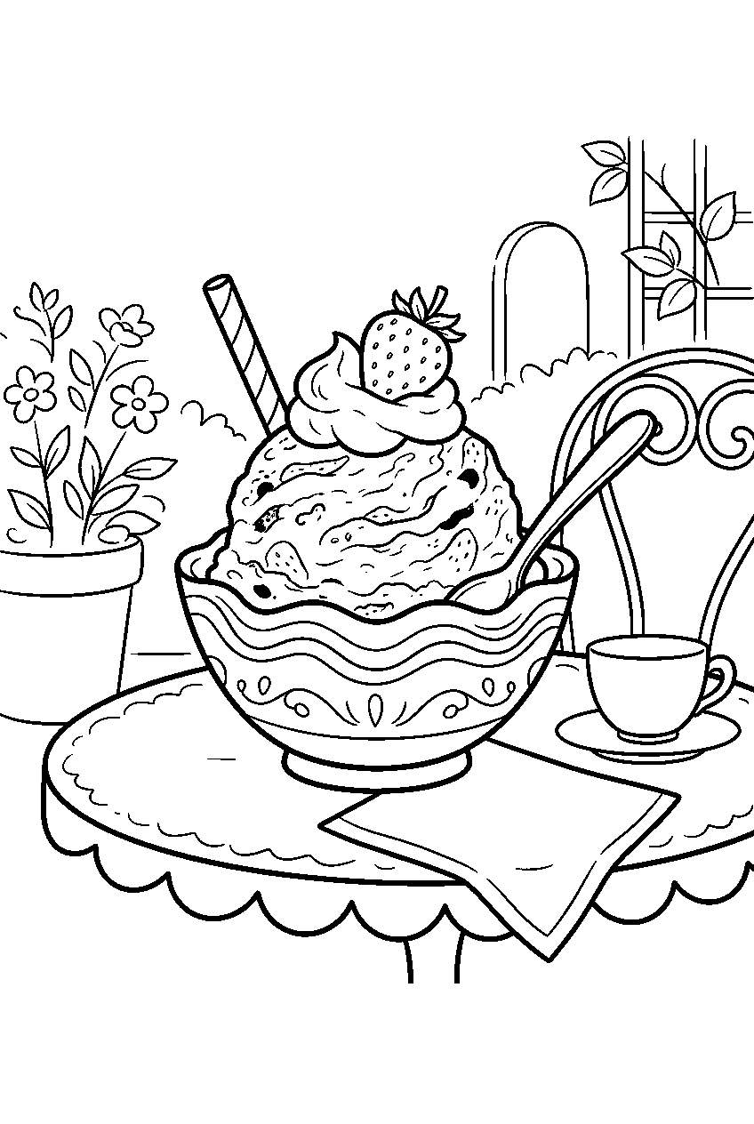 strawberry ice cream resting in bowl at garden cafe line art