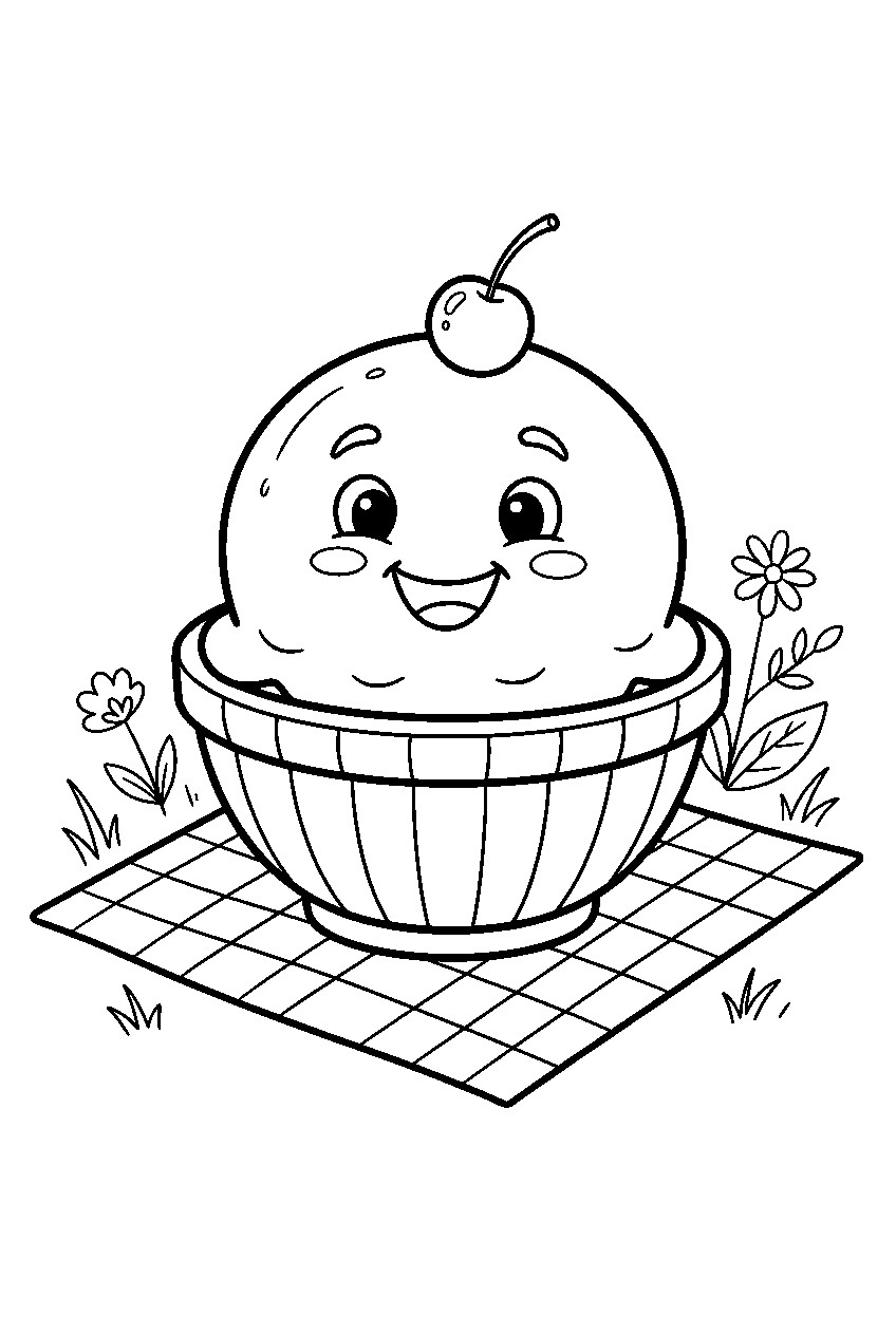 summer ice cream scoop smiling in bowl on picnic blanket line art