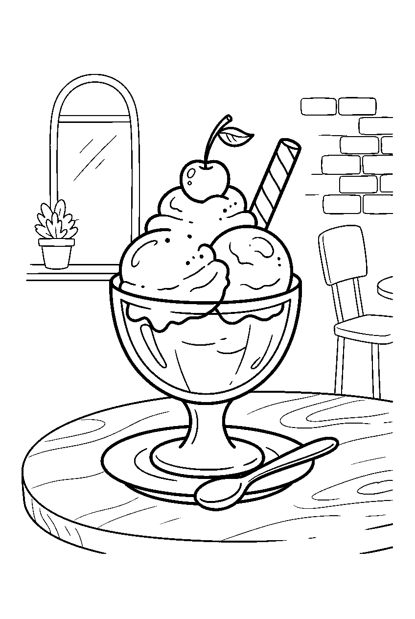 vanilla ice cream resting in cup at cafe line art