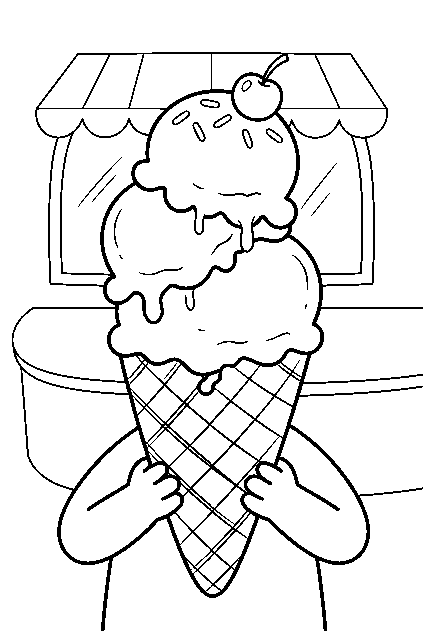 waffle cone filled with scoops at ice cream parlor line art