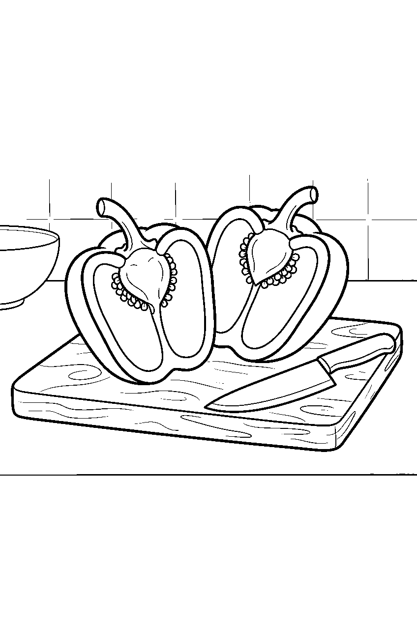bell pepper sliced open on kitchen board line art