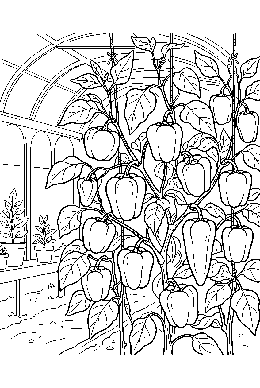 bell peppers hanging from plants inside greenhouse line art