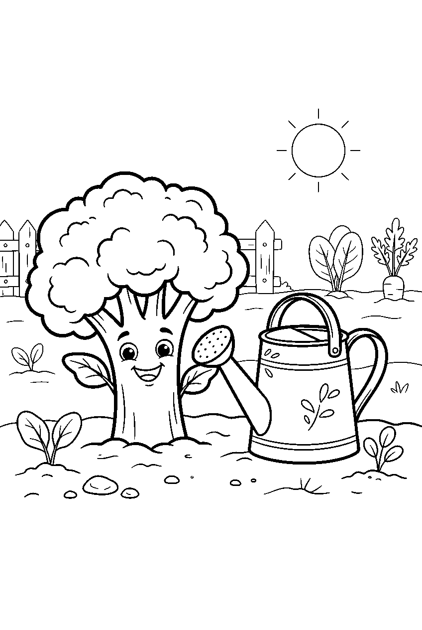 broccoli smiling beside watering can in vegetable garden line art