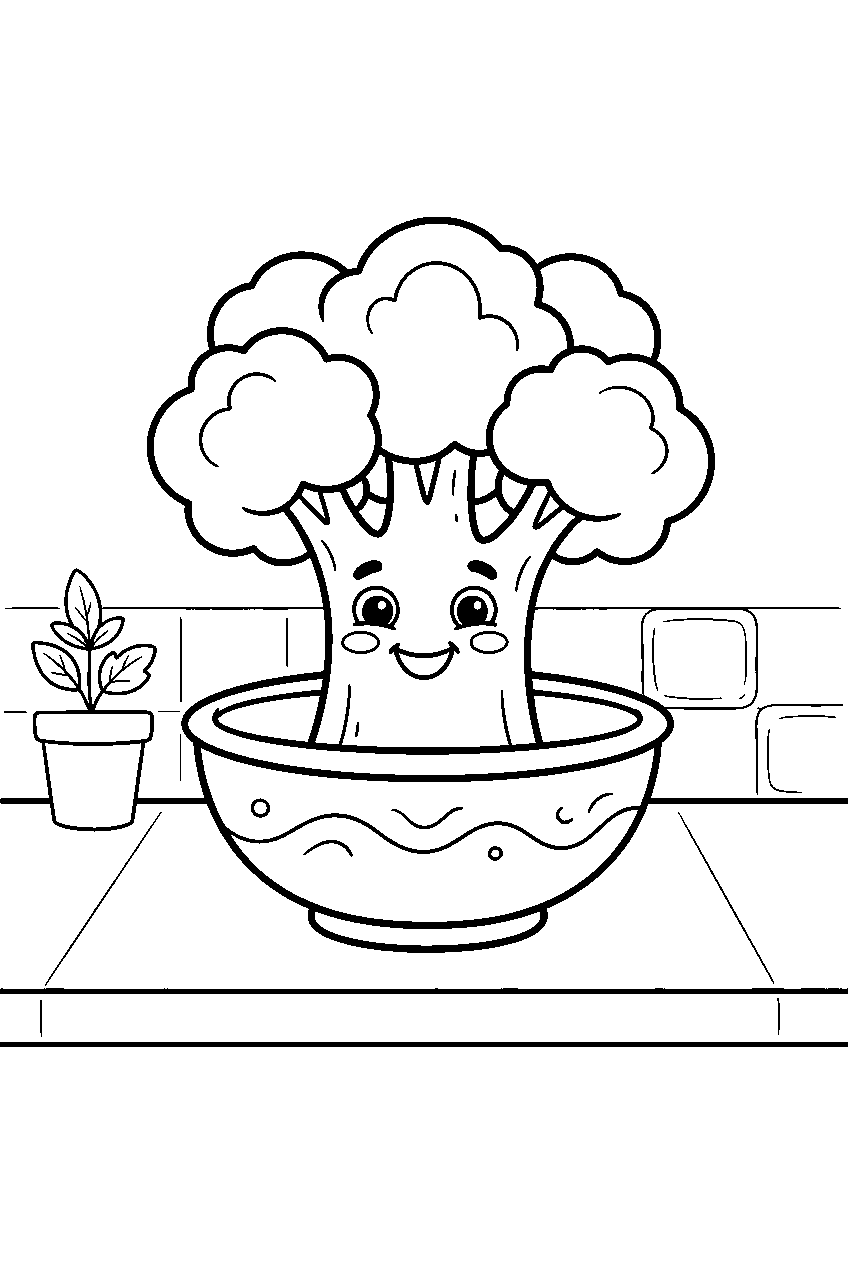 broccoli smiling in simple bowl on kitchen counter line art