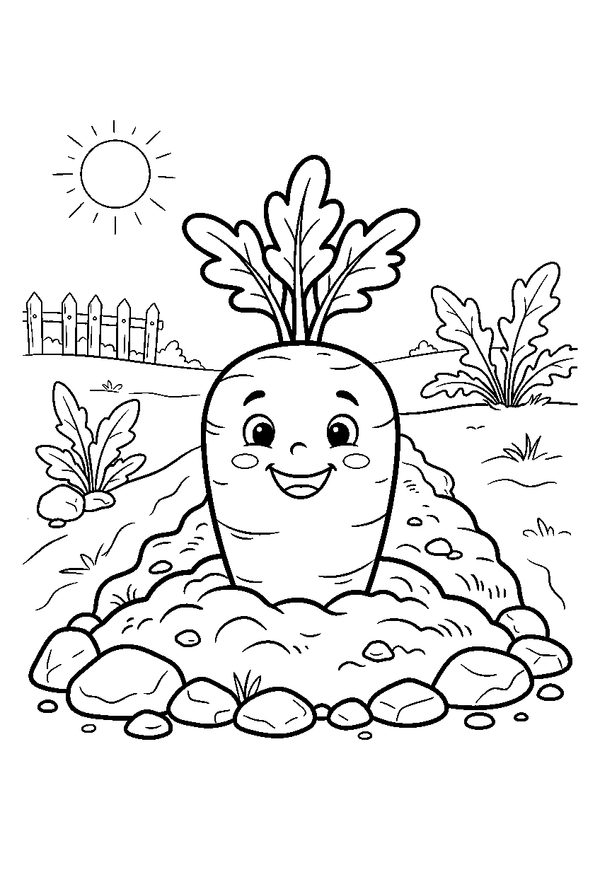 carrot smiling above soil in simple garden row line art