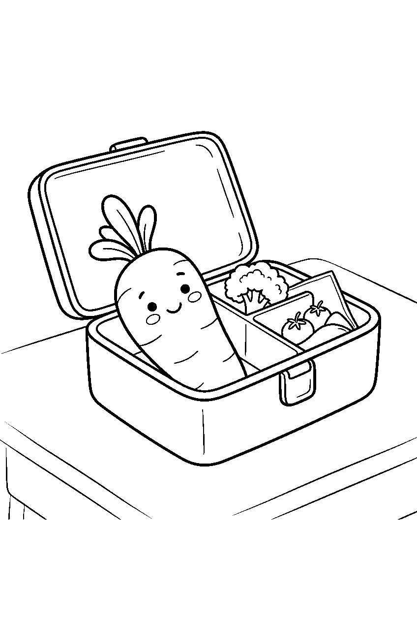 carrot smiling inside open lunchbox at school line art