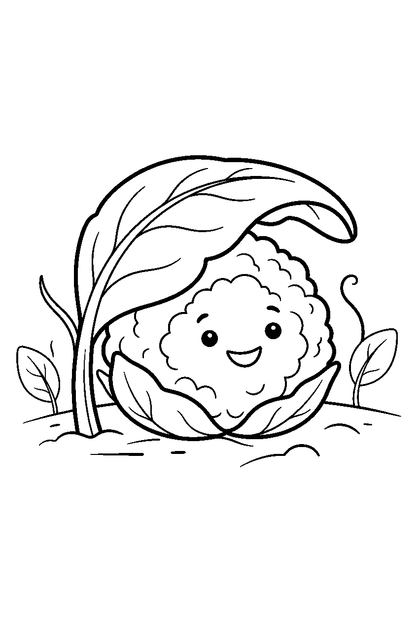 cauliflower smiling beneath one leaf in garden line art