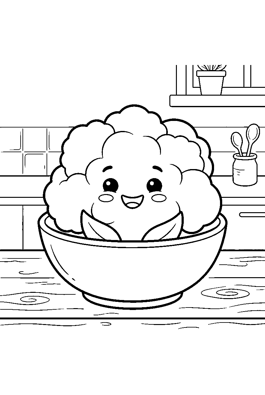 cauliflower smiling in simple bowl on kitchen counter line art