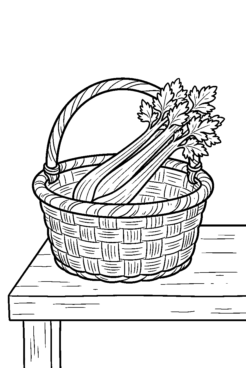 celery stalk resting inside basket at produce stand line art