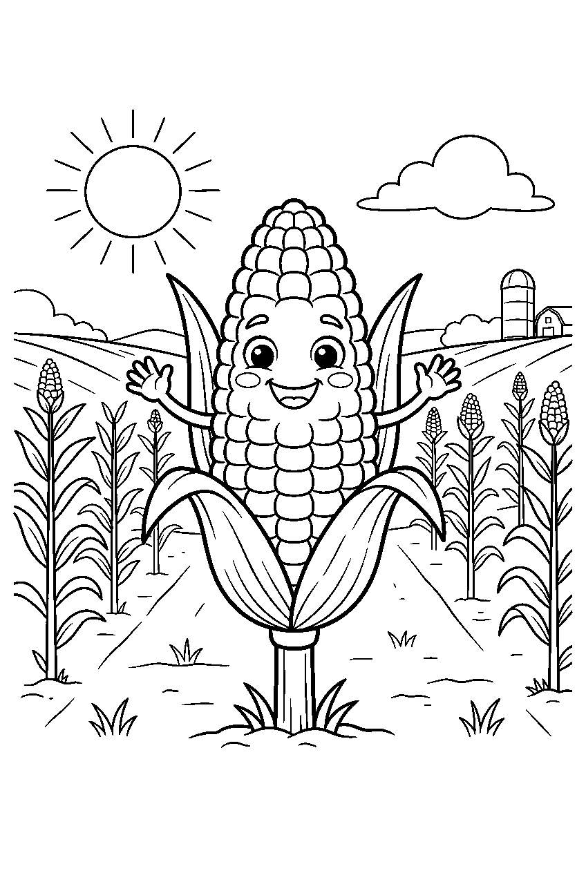 corn cob smiling in sunny farm field line art
