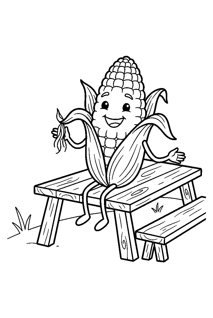 corn cob smiling on picnic table line art
