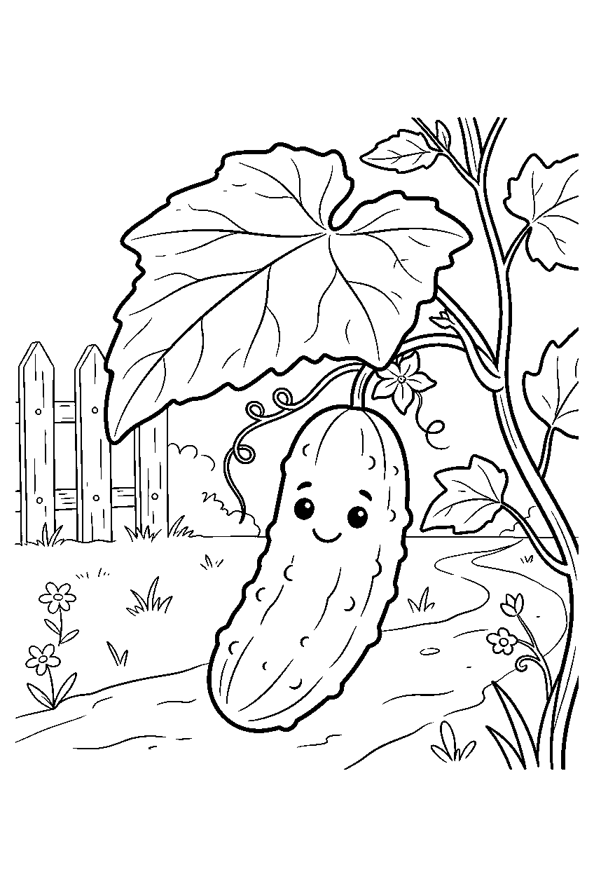 cucumber smiling beneath leaf in backyard garden line art