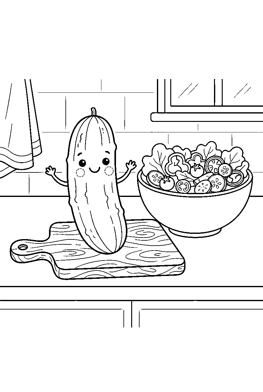 cucumber smiling on kitchen board beside salad bowl line art