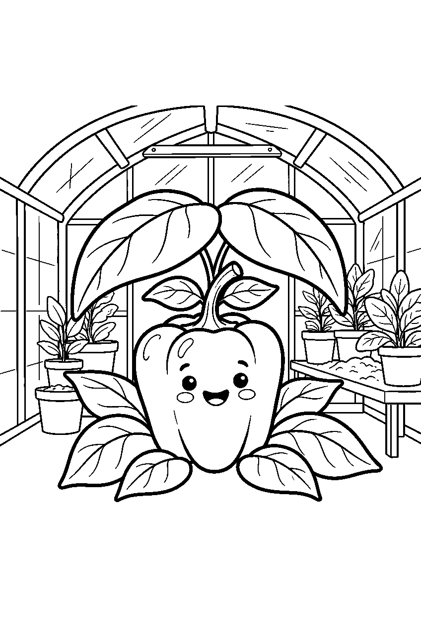 cute bell pepper smiling beneath leaf inside greenhouse line art