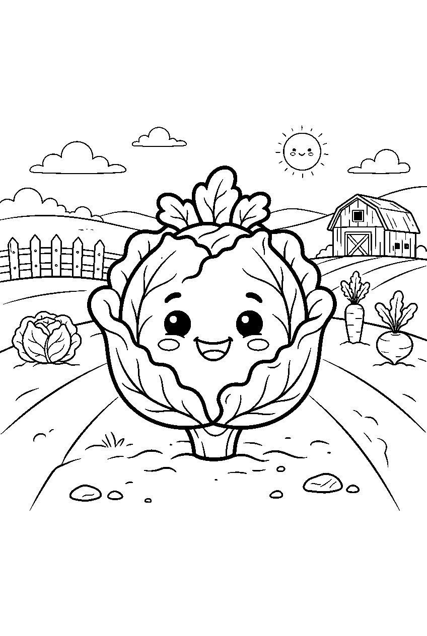 cute cabbage smiling in country farm field line art