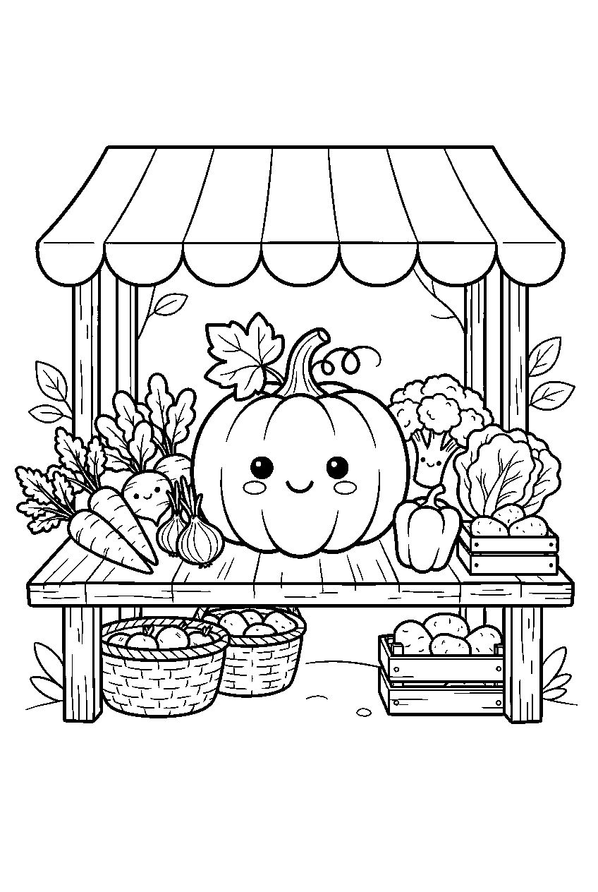 cute farm vegetables with one smiling pumpkin beneath market awning line art