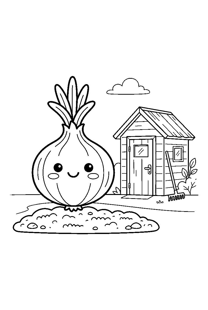 cute onion smiling above soil beside garden shed line art