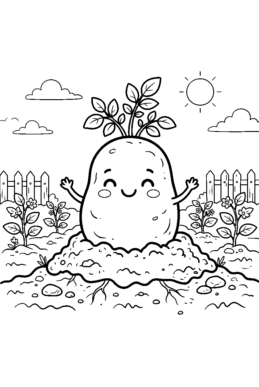 cute potato smiling above soil in vegetable patch line art